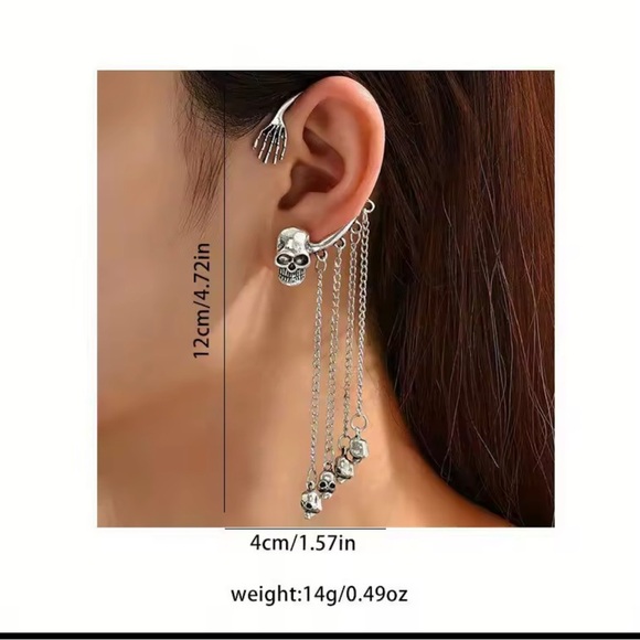 Halloween gothic Silver Skull Chain Ear Cuff - Picture 4 of 8